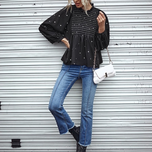 black heart print ruffle long sleeve top - Picture 6 of 15